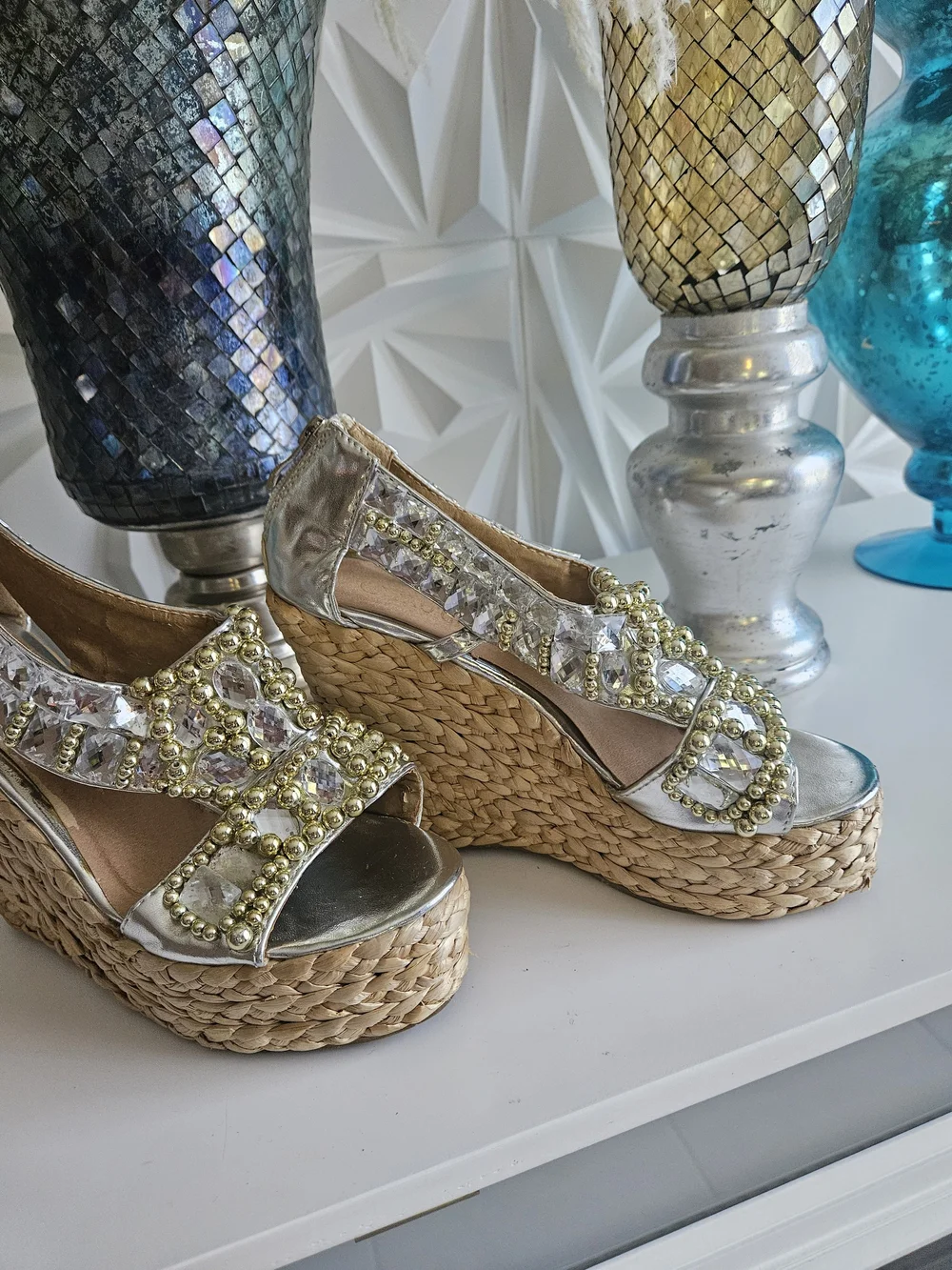 Taos Footwear Silver Woven Espadrille Wedge Sandals with Gold Bead Accents
